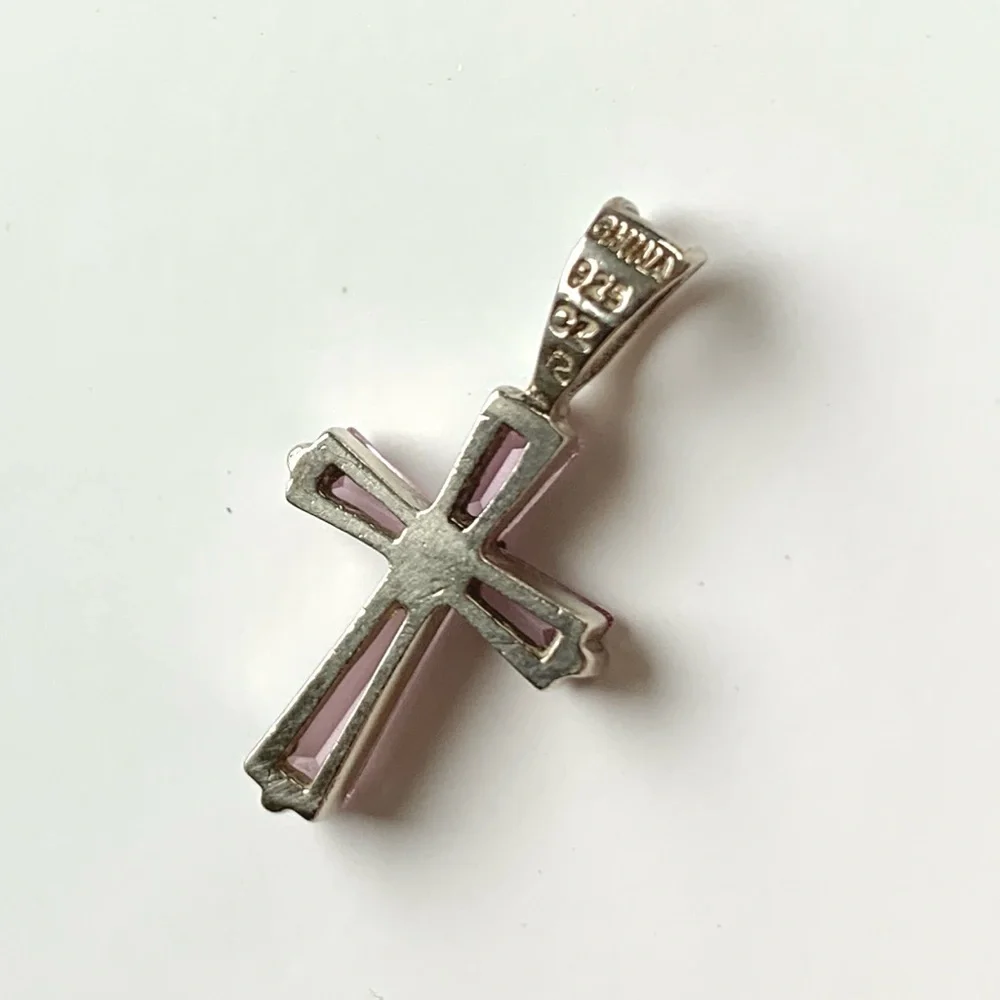 sterling silver 925 cross pink baguette cubic zirconia pendant